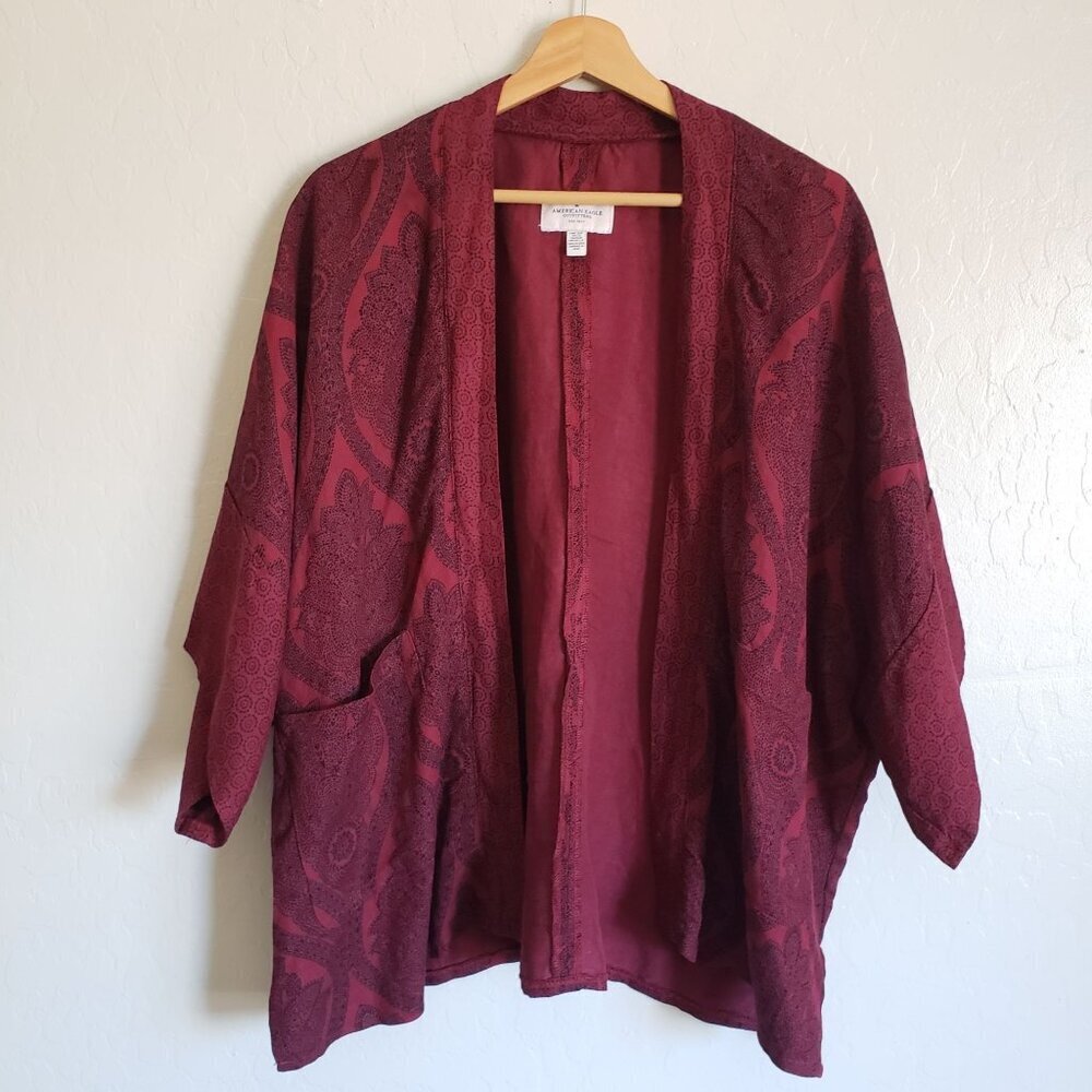 American Eagle Linen Blend Bohemian Kimono Top Burgundy One Size Hippie Festival
